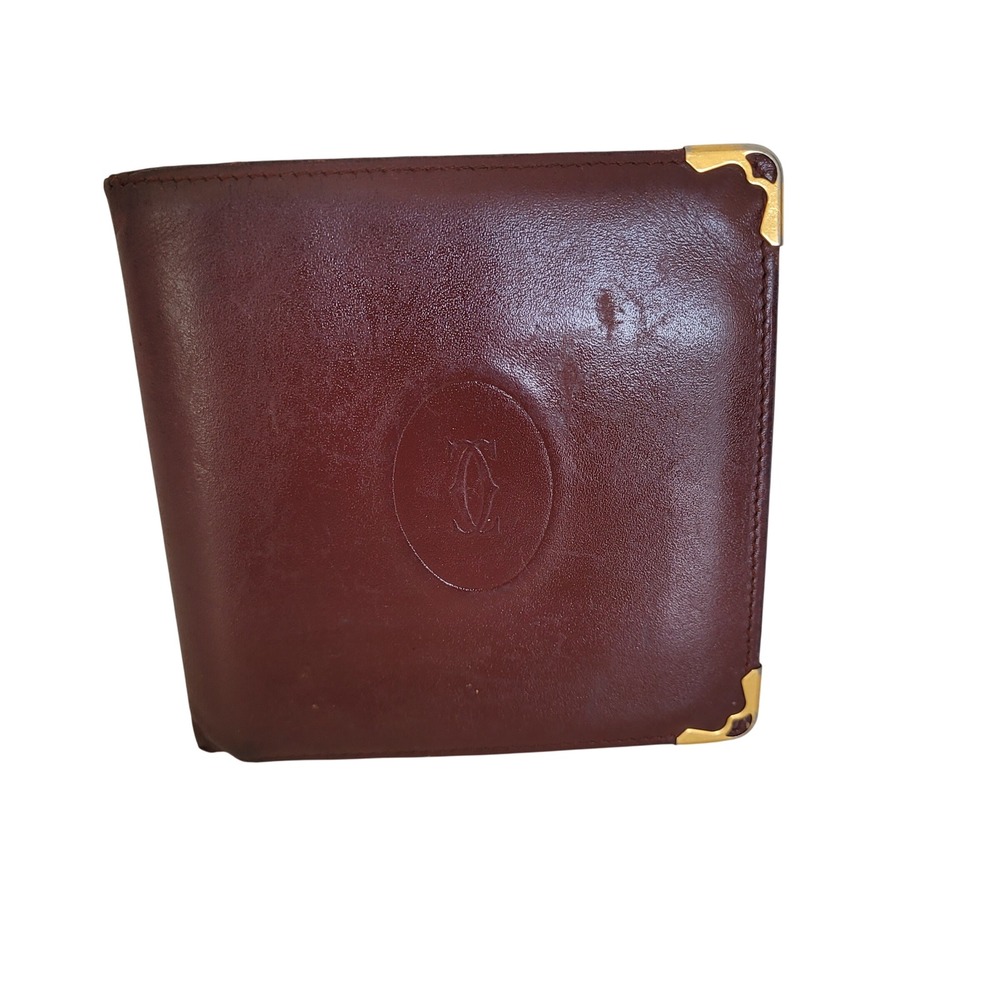 Cartier Must de Cartier Burgundy Leather Bifold Wallet Gold Corners Italy